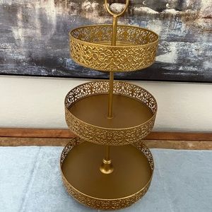 Gold metal 3 tier serving stand.